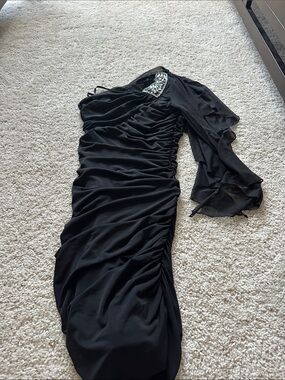 City Triangles Black One-Shoulder Ruched Dress with Embellished Neckline